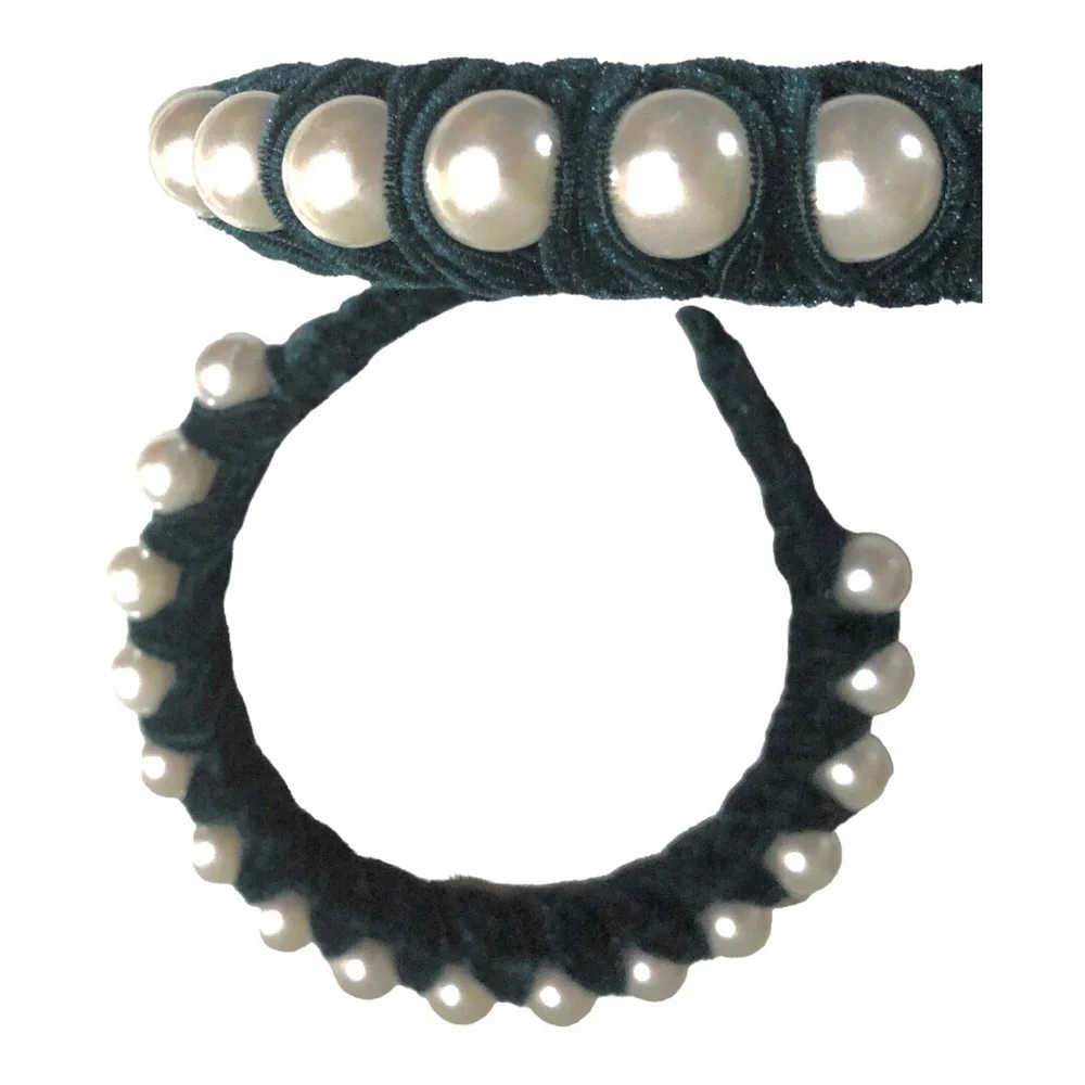 2 pack Green velvet oversized pearl‎ adorned embellished headband new